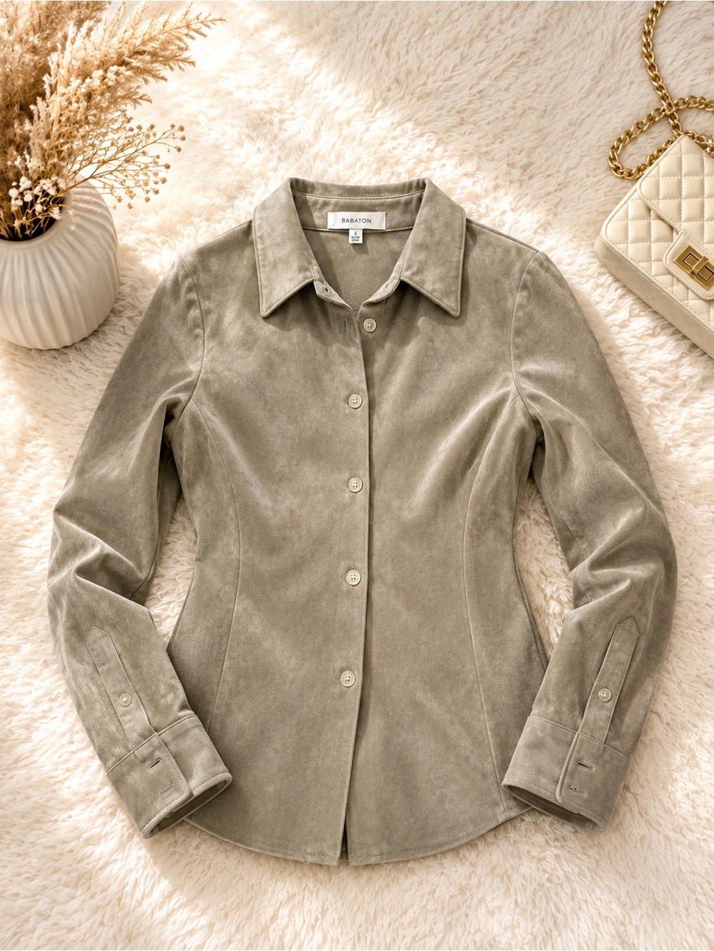 Babaton Taupe Faux Suede Button-Up Shirt Jacket – Size 4